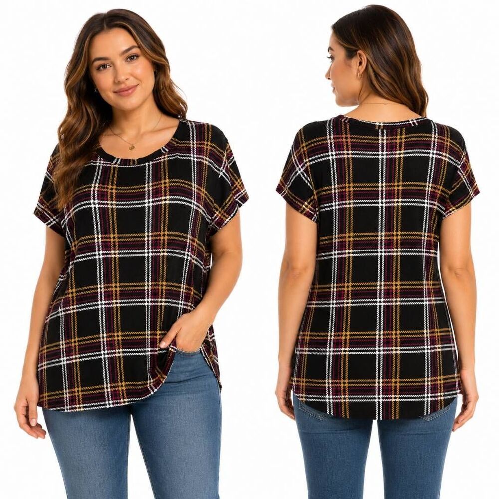 Maurices 24/7 Plaid Short Sleeve Top Black Red White XL